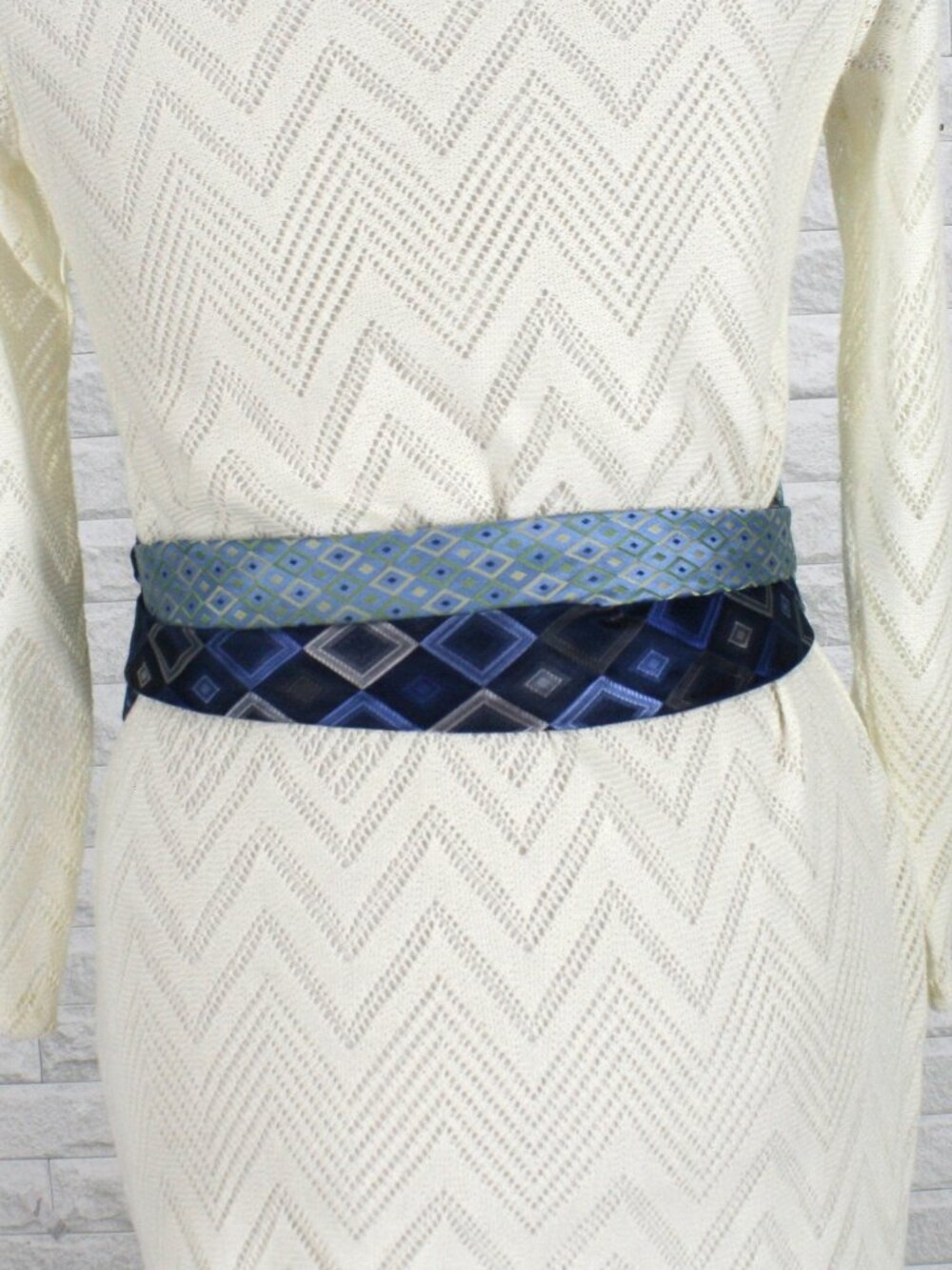HAND CRAFTED Belt Necktie Upcycled Cummerbund Wrap Silk Wide Obi Waist Sash Blue - Picture 5 of 17